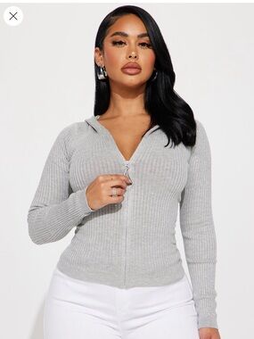 Fashion Nova Light Gray Ribbed Zip Hoodie Liberty Sweater